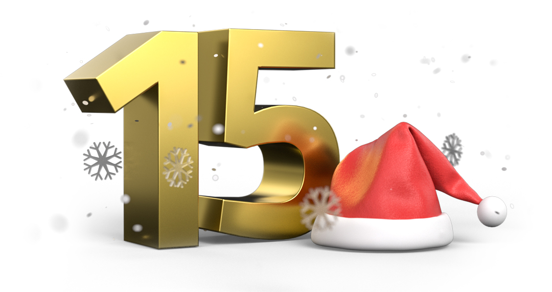 WEdirekt 15 Jahre Xmas Golden 15 with a santa hat